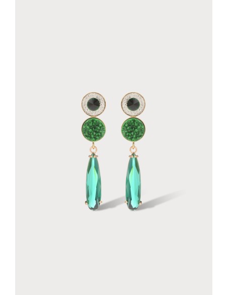 Boucles d'oreilles en laiton doré à l'or fin, avec un cabochon en résine et une goutte en verre.