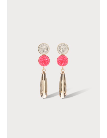 Boucles d'oreilles en laiton doré à l'or fin, avec un cabochon en résine et une goutte en verre.