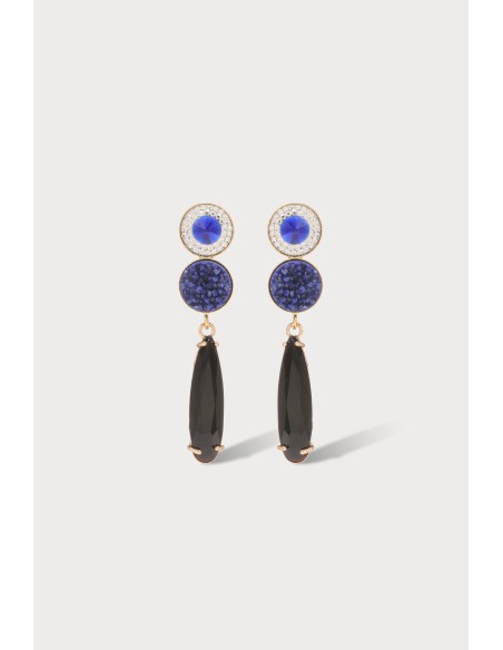 Boucles d'oreilles en laiton doré à l'or fin, avec un cabochon en résine et une goutte en verre.