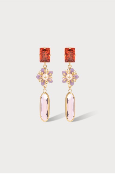 Boucles d'oreilles en perles de verre goutte rose et fleur