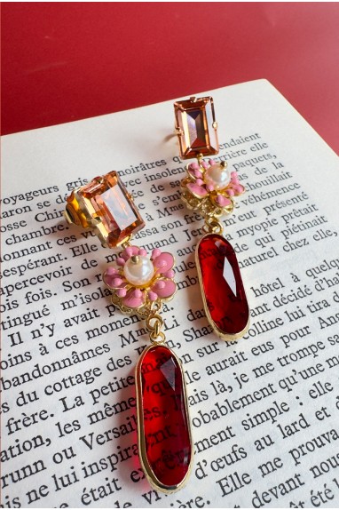 Boucles d'oreilles en perles de verre goutte rose et fleur 2