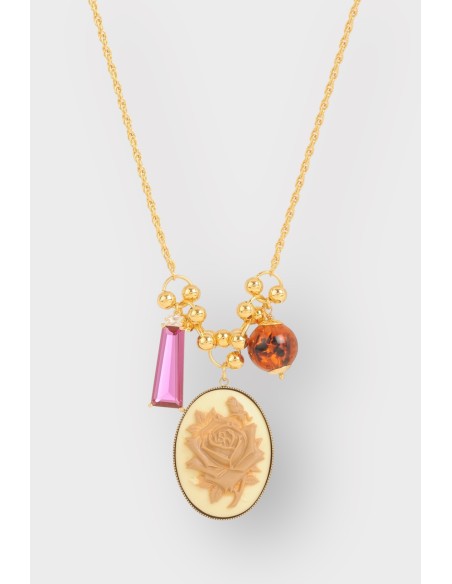 sautoir camée beige et bordeaux