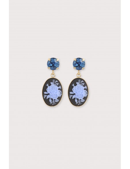 Boucles d'oreilles mini camée en résine et strass de couleur bleu, motif floral.