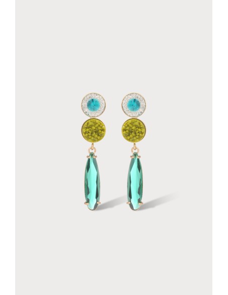 Boucles d'oreilles en laiton doré à l'or fin, avec un cabochon en résine et une goutte en verre.