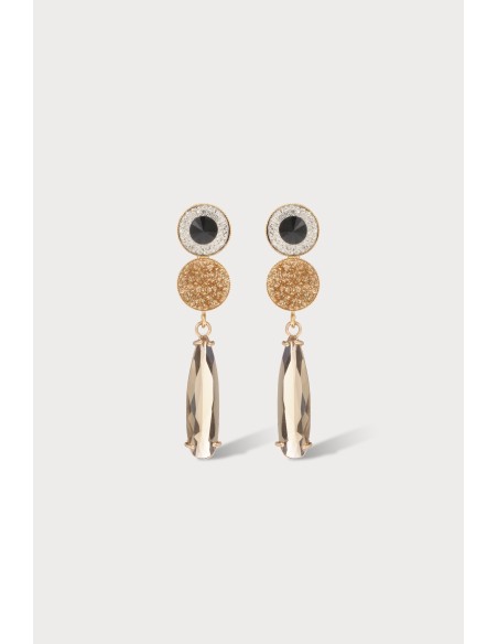 Boucles d'oreilles en laiton doré à l'or fin, avec un cabochon en résine et une goutte en verre.