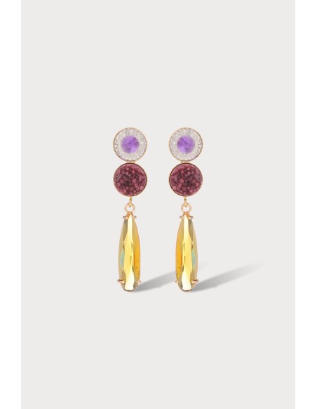 Boucles d'oreilles en laiton doré à l'or fin, avec un cabochon en résine et une goutte en verre.