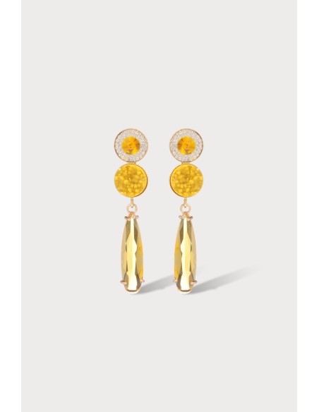 Boucles d'oreilles en laiton doré à l'or fin, avec un cabochon en résine et une goutte en verre.